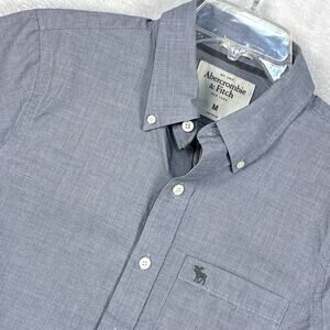 VTG Y2K Abercrombie & Fitch Camp Shirt Mens M Muscle Gray Embroidered Preppy